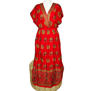 Lapogee Maxi Kaftan‎ Dress 2X Red Gold Elephant Pockets Safari Beach Boho